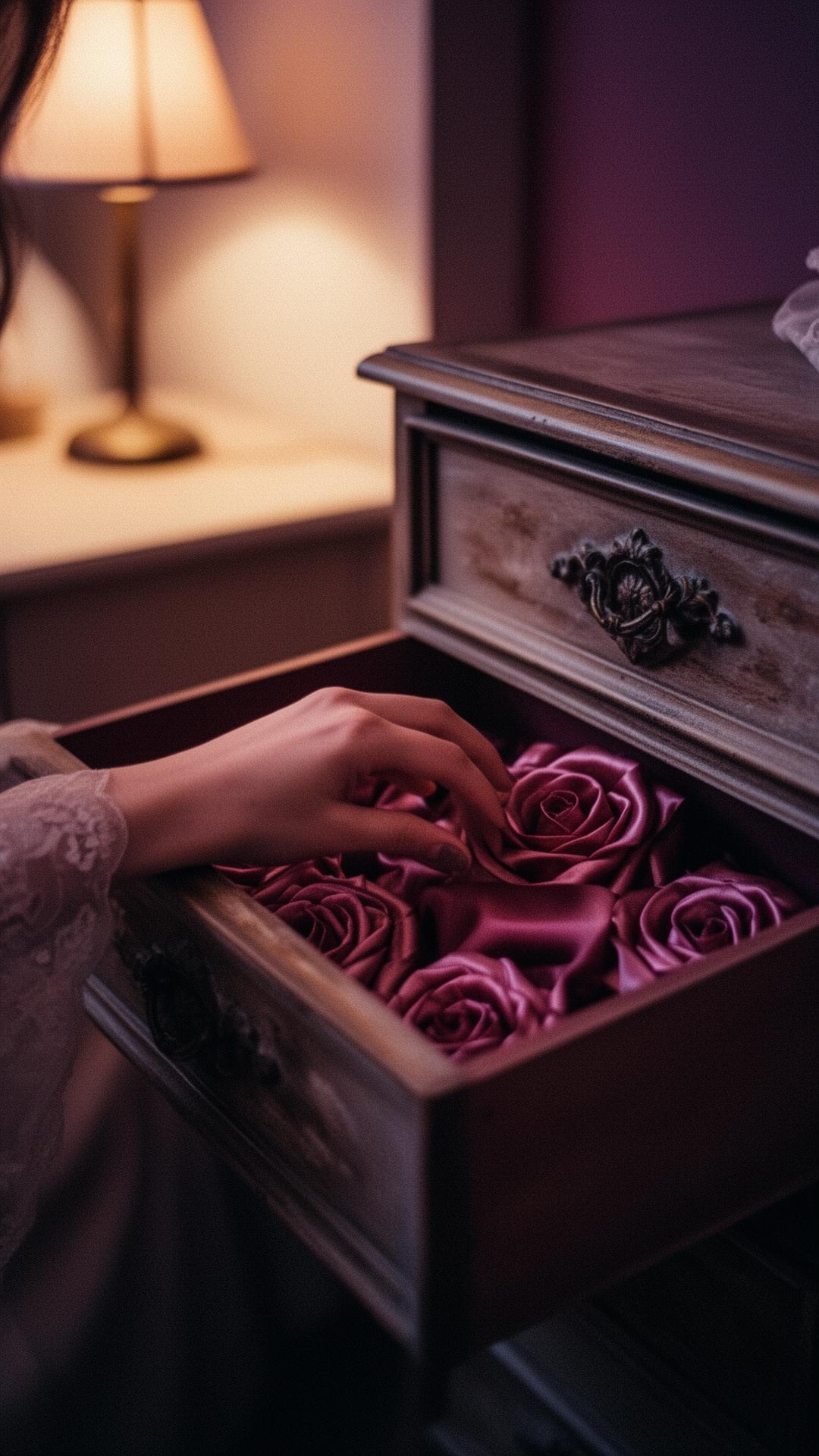 A hand reaching into a rose-lined drawer beside a warm bedside lamp