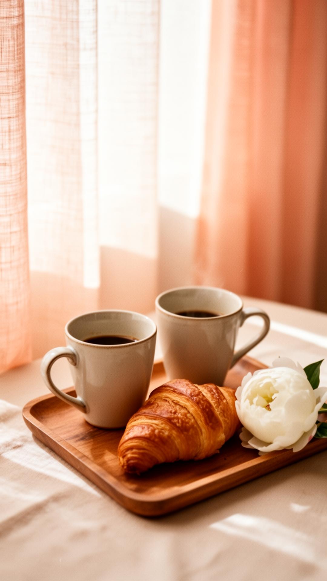 Two ceramic cups, a croissant, a white peony on a wooden tray