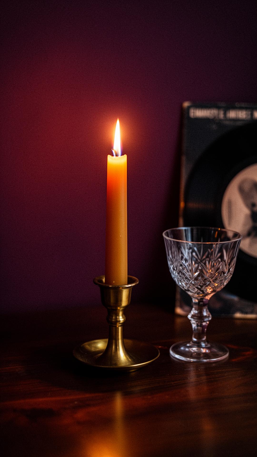 A single tall taper candle freshly lit against deep burgundy