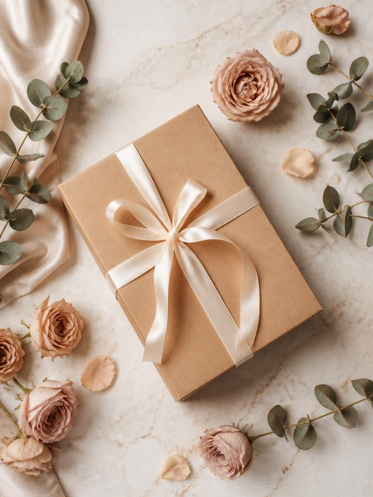 Unbranded gift box with ribbon and dried florals